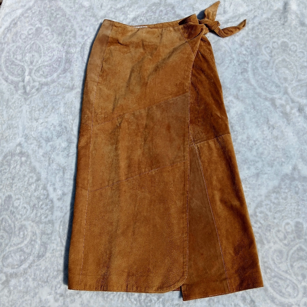 Elegant Brown Suede Wrap Skirt/Vintage